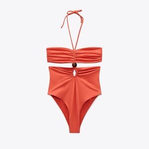 NWT. Zara Intense Coral Bead Bandeau Straight Neck Swimsuit. Size S.
